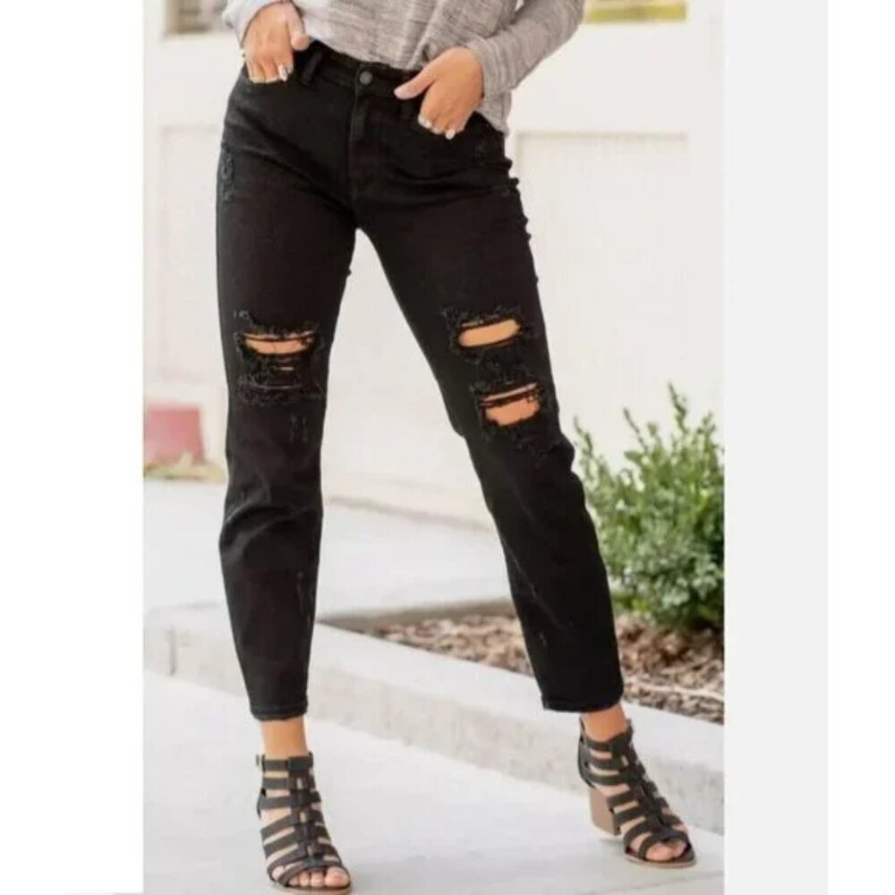 Judy Blue Jeans Womens 5/27 Black Wash Boyfriend Fit Distressed Stretch Ankle